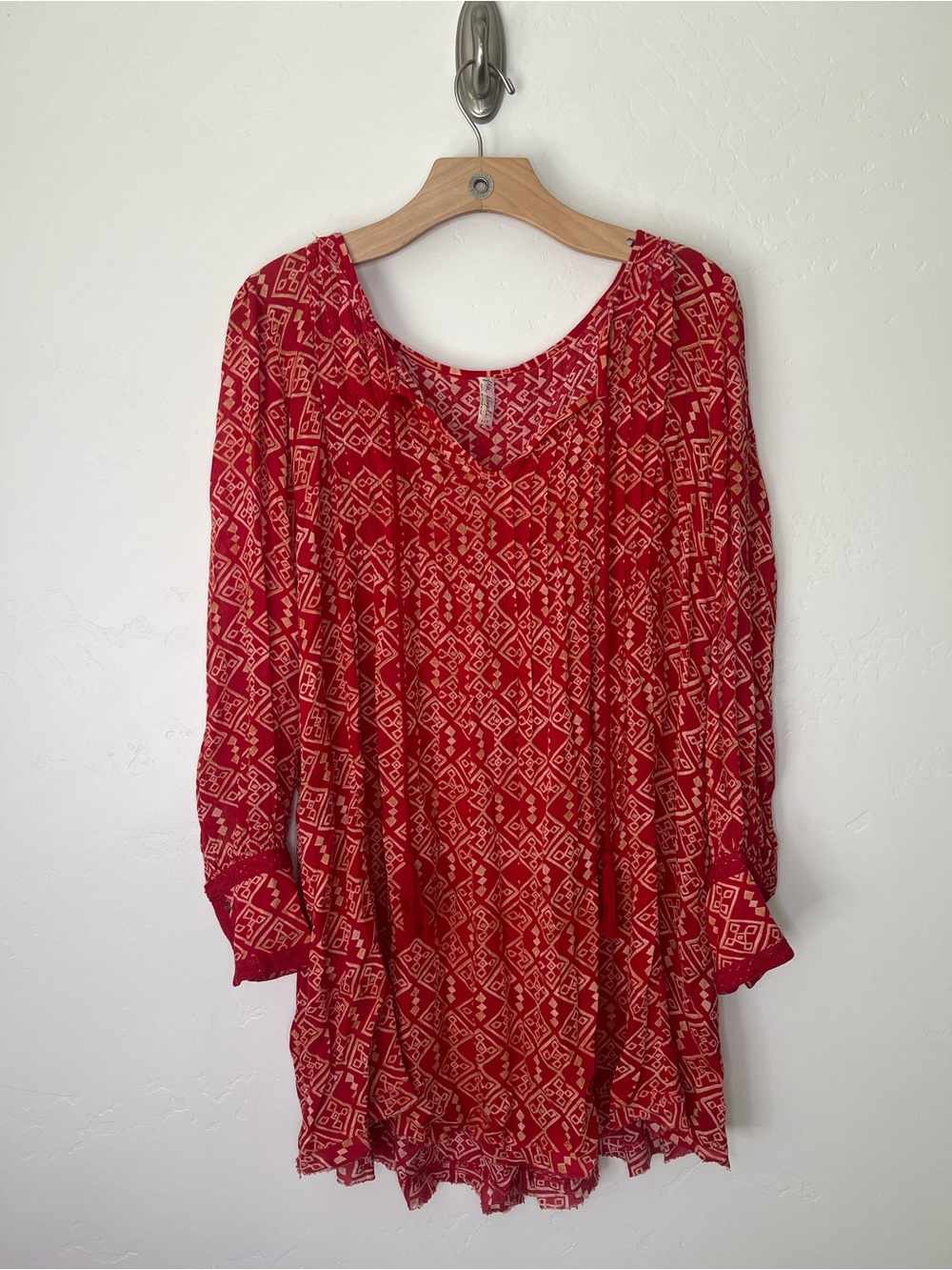 Free People Red Printed Long Sleeve Boho Tunic Dress